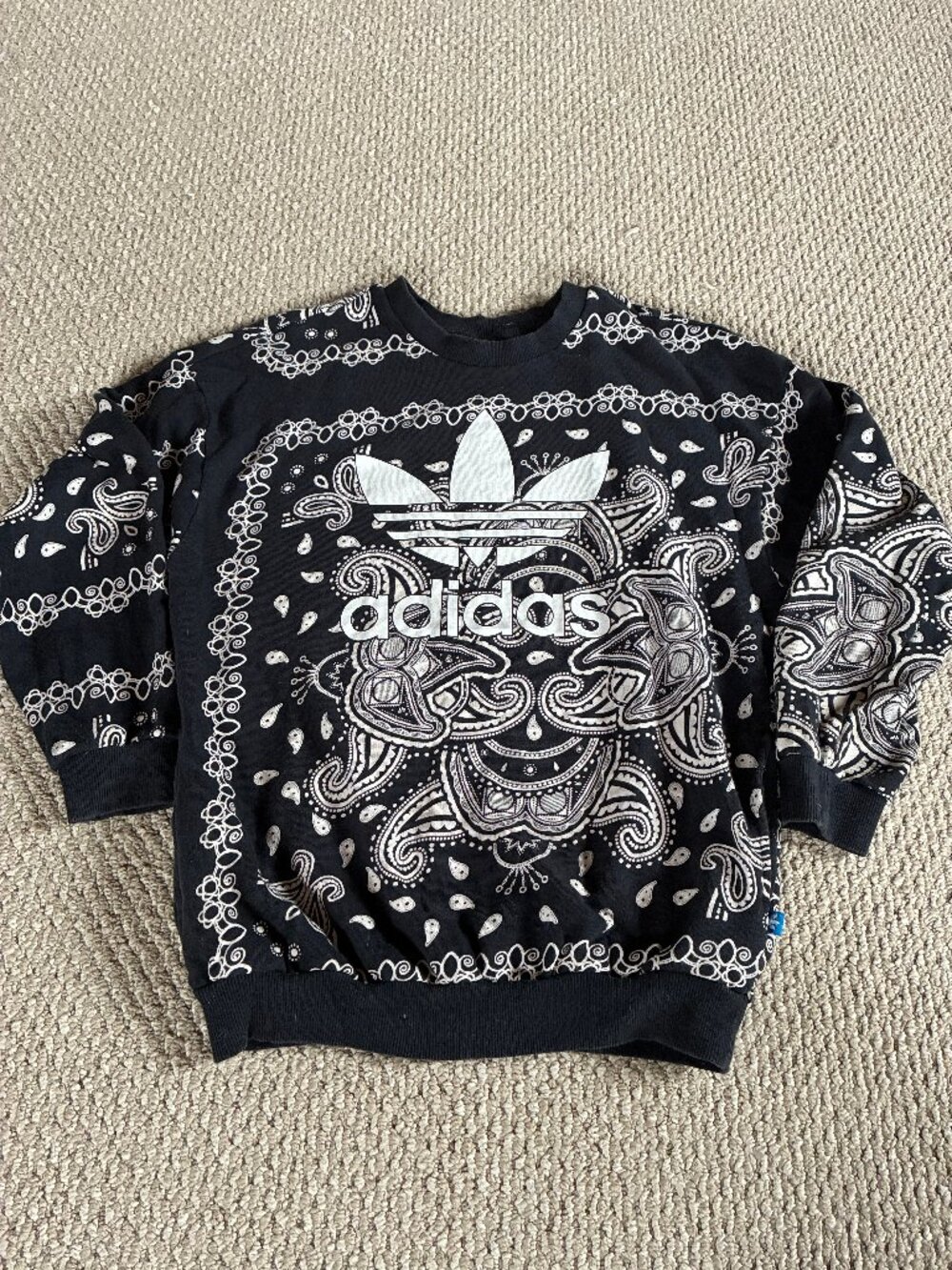 ADIDAS Pullover Sweatshirt Paisley Bandana Print Black White Cotton Womens XS